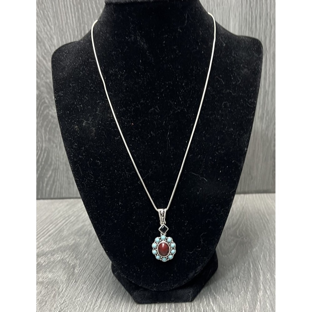 Silver Tone Red Jasper Turquoise Cluster Pendant Snake Chain Necklace 925